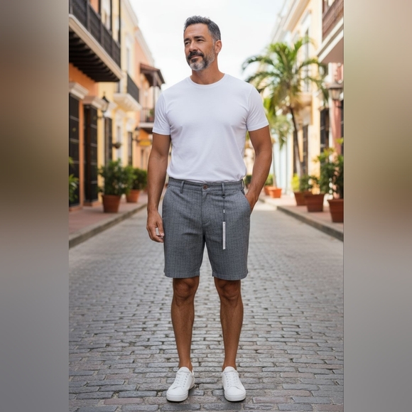 Men's Nifty Genius Grey Poly Blend Tweed Shorts With Ultrasuede Size 33 - Picture 2 of 7